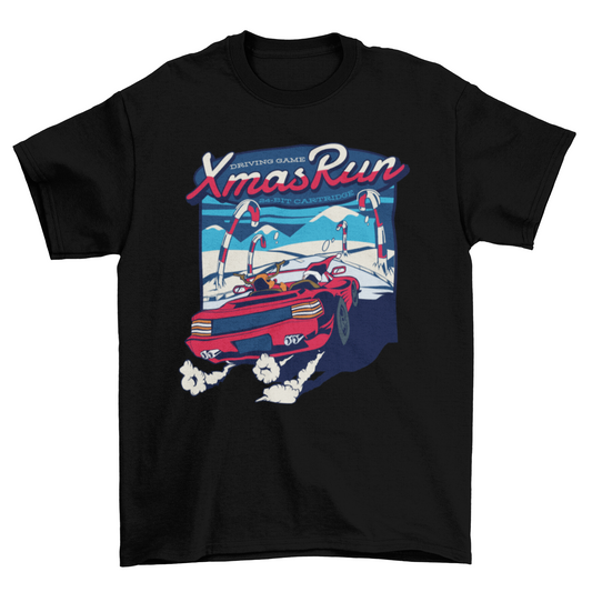 Xmas Run T-Shirt – Santa and Reindeer in Red Car