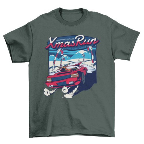 Xmas Run T-Shirt – Santa and Reindeer in Red Car