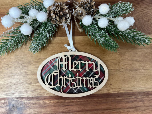 Merry Christmas Plaid Ornament – Classic Holiday Tree Decor